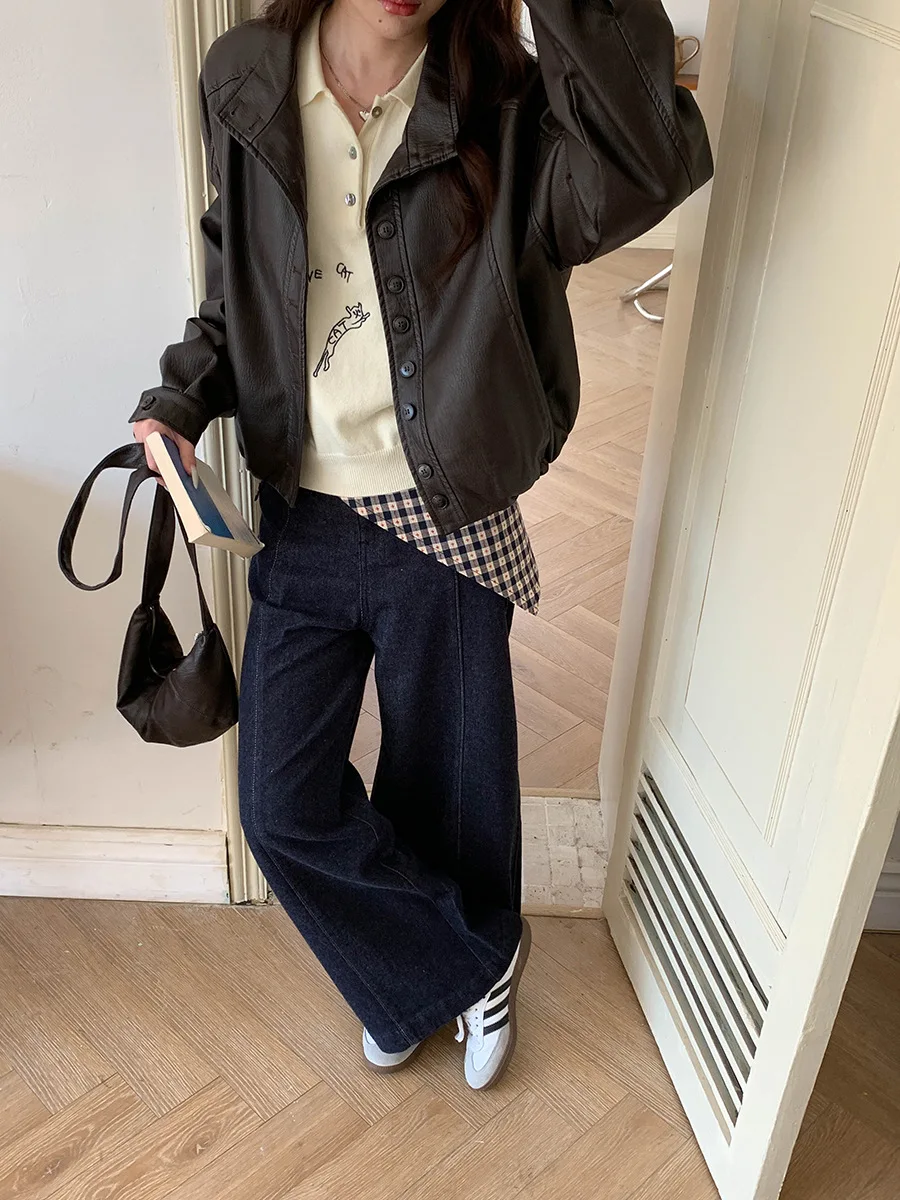 Inverno feminino 2025 casual solto couro PU jaqueta de motocicleta manga comprida casaco elegante