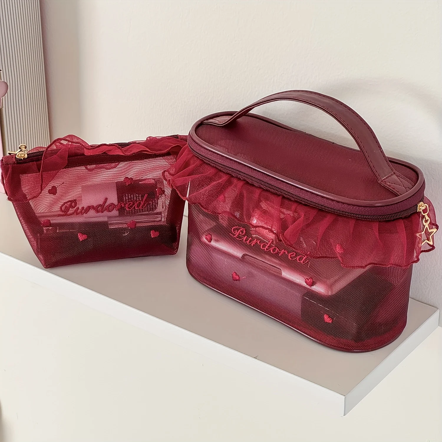 حقيبة مكياج من النايلون خفيفة الوزن مكونة من قطعتين مع سحاب للإغلاق، مثالية للسفر، سهلة التنظيف، حقيبة مستحضرات تجميل صغيرة