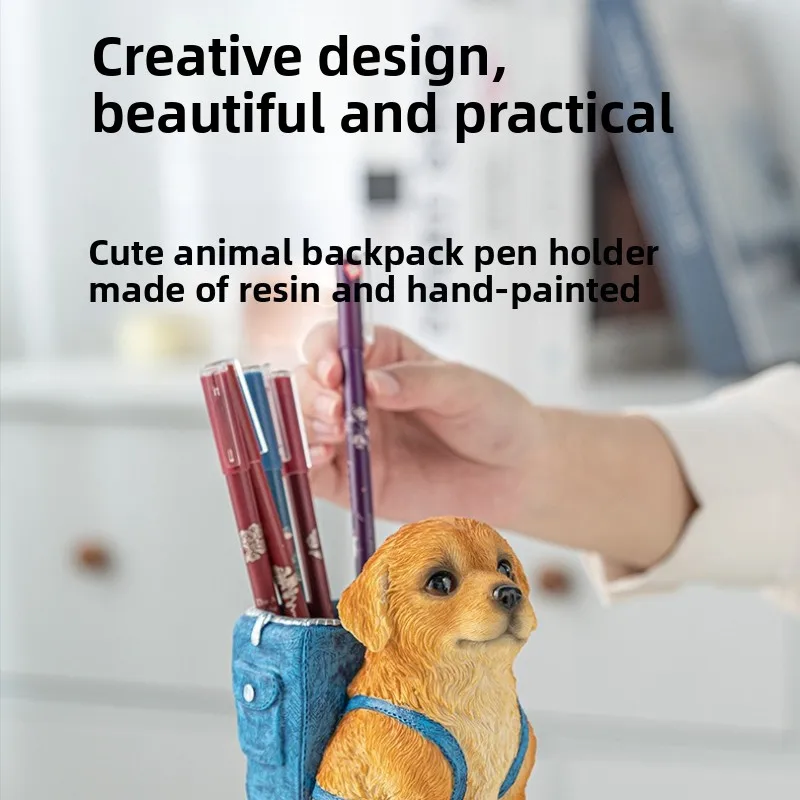 New Fashion Golden Retriever Sculpture Pen Holder Desktop Organizer Resin Craft Office Stationery Storage Box Decoration Crafts
