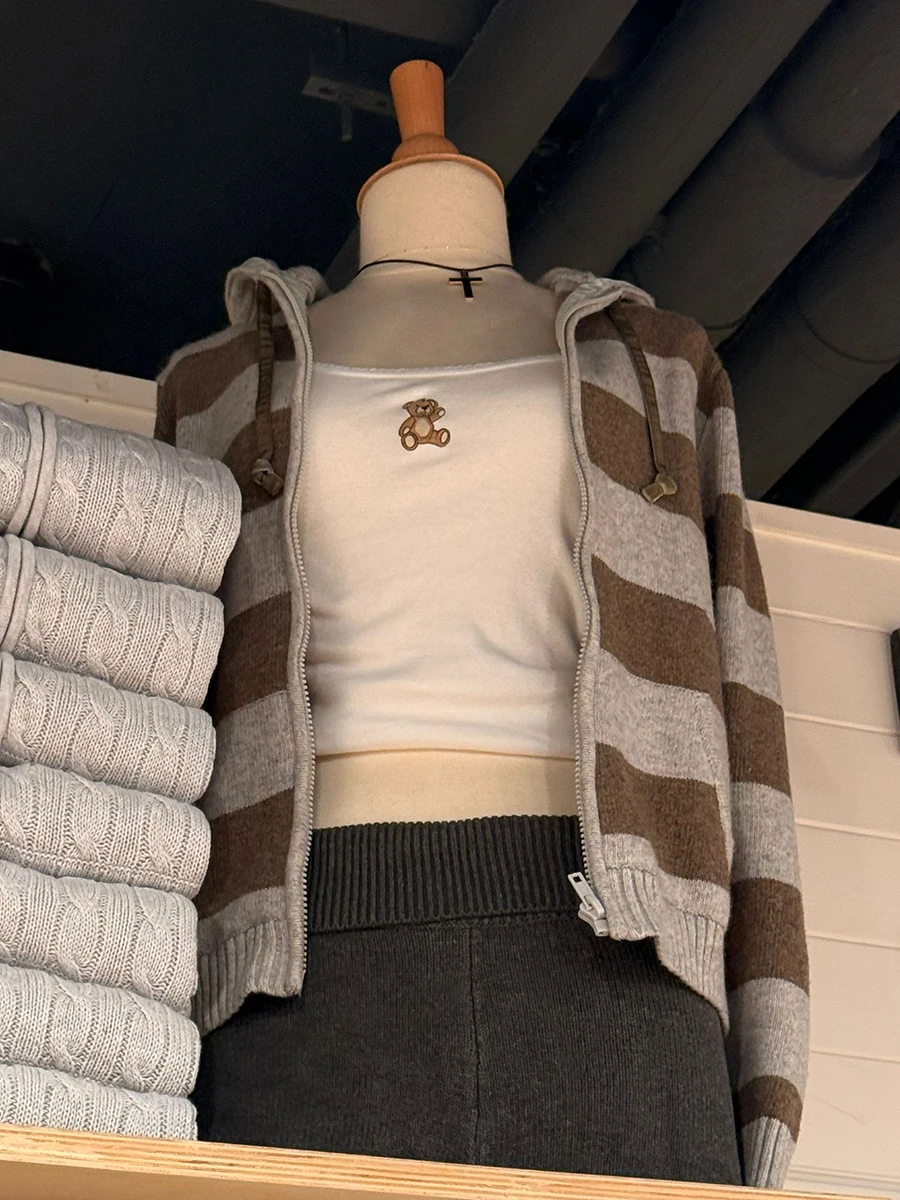 

Серо-коричневый полосатый кардиган с капюшоном, женские свитера на молнии с длинными рукавами и карманами, осенняя новинка, винтажная вязаная верхняя одежда в консервативном стиле