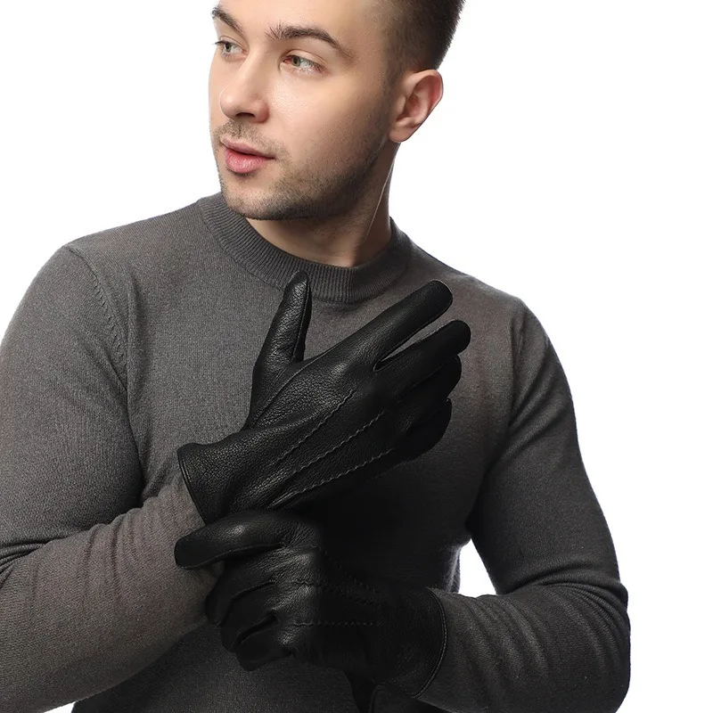 Customized Men's Imitation Deerskin Gloves, Velvet Autumn and Winter Warm Goat Leather Gloves