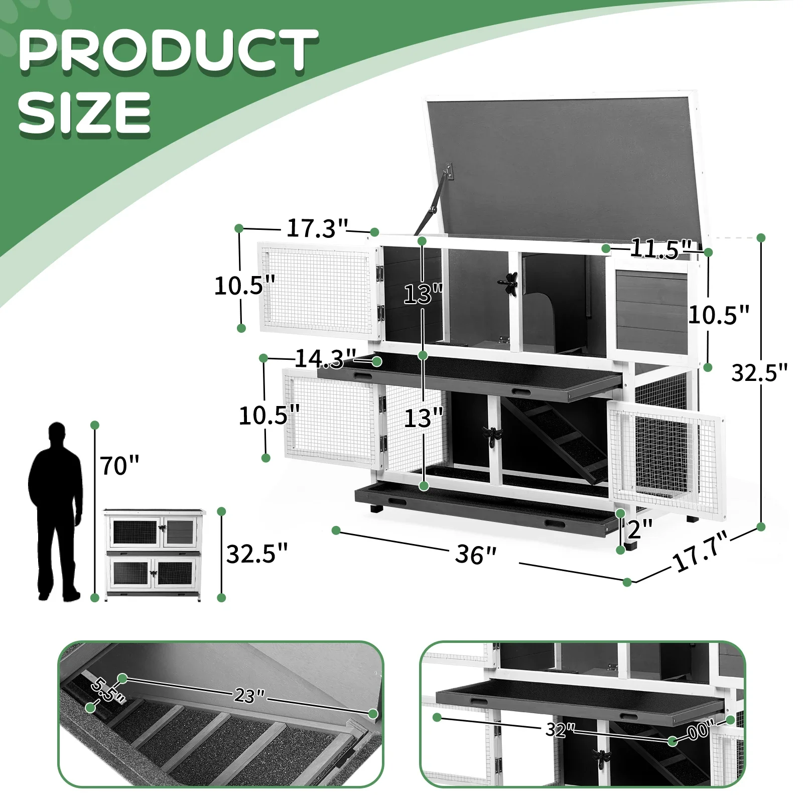 2 Story Chicken and Rabbit Cage With Tray Grey Cedar Rabbit Hutch Bunny Cage with 2 big Main Rooms