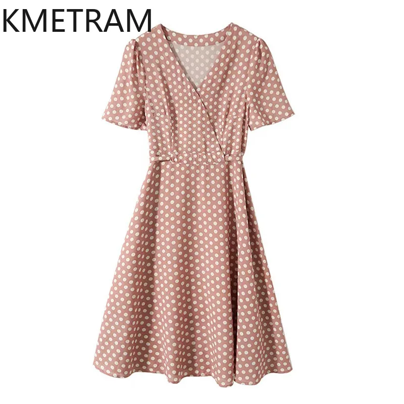 KMETRAM Mulberry Silk Elegant Slim Fishtail Dresses for Women Summer Mid Long Polka Dot Dress Dopamine Dressing Robe Femme Été