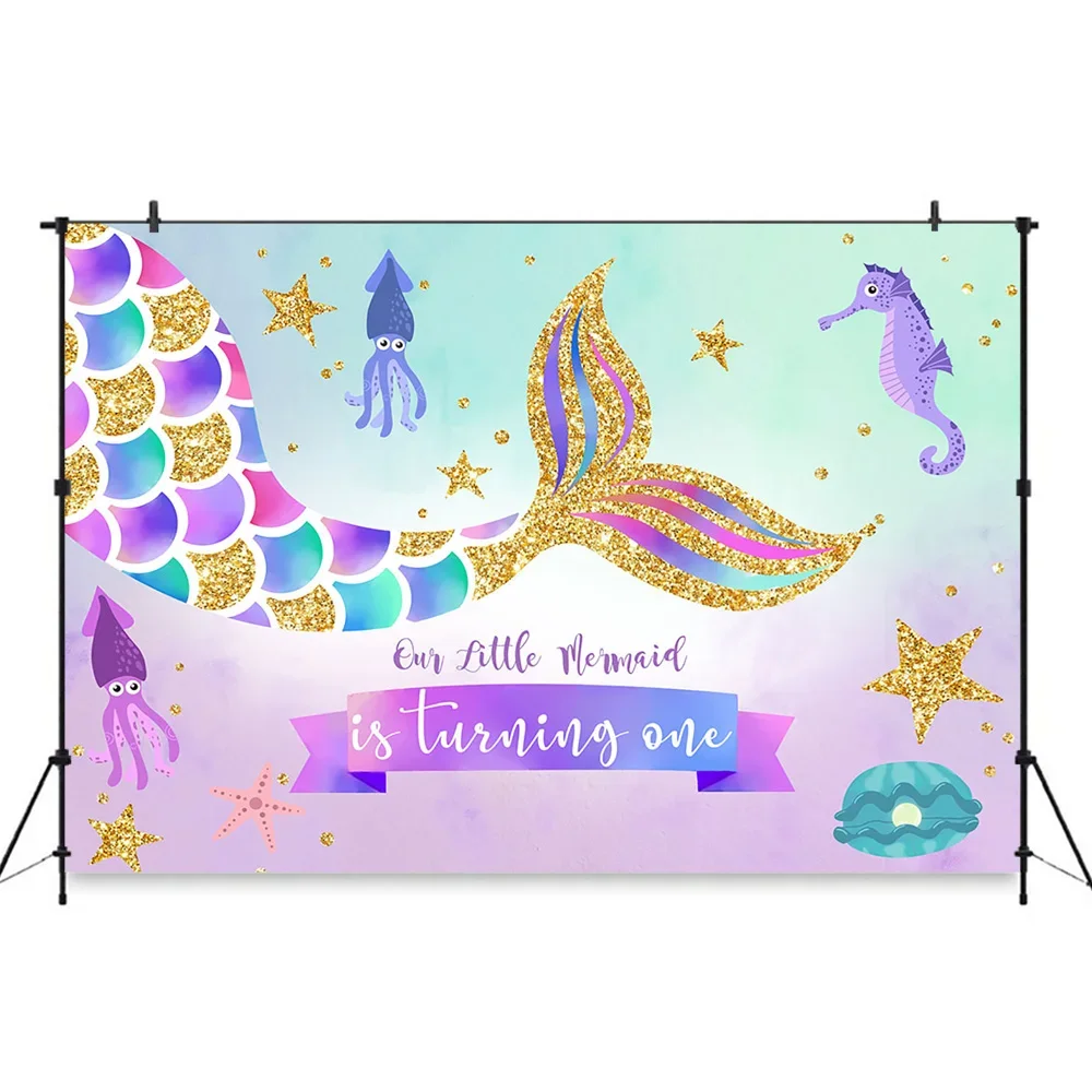 Little Mermaid Princess Birthday Party Decoration Backdrop Underwater World Fish Tail Starfish Background Banner Baby Shower