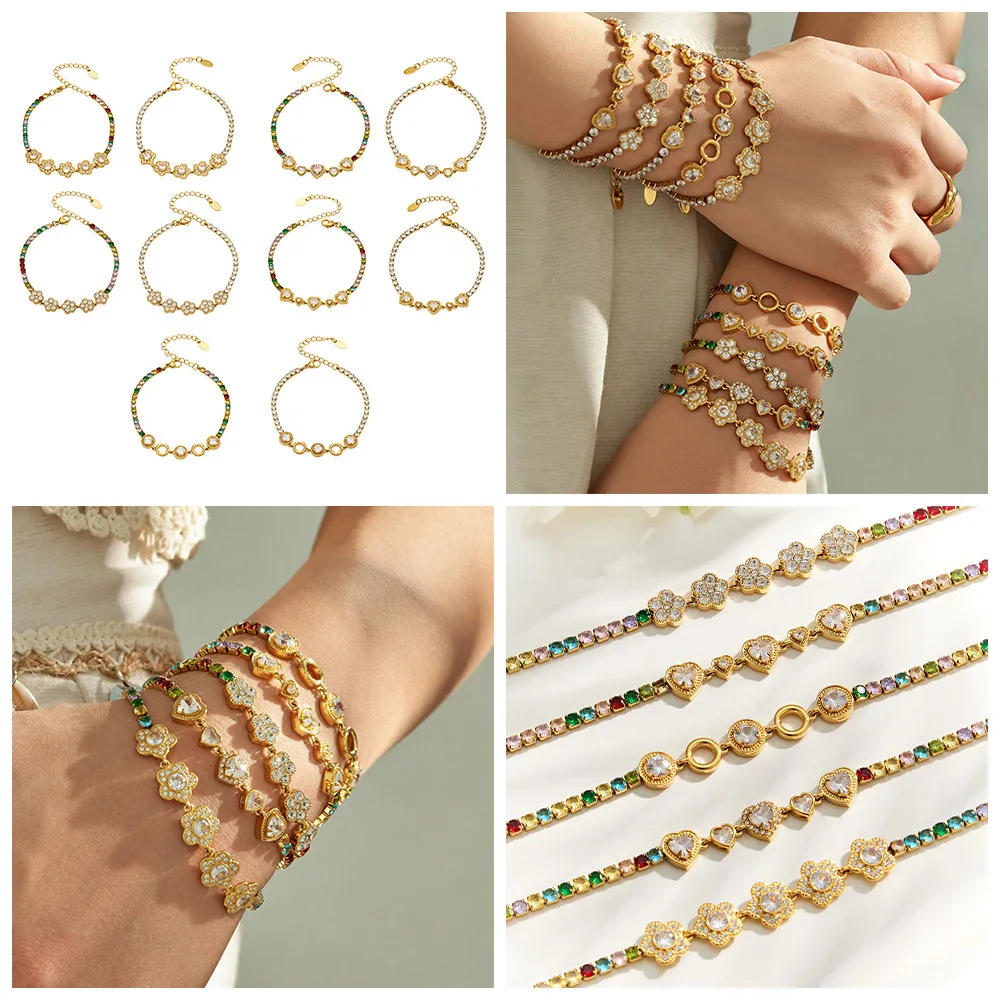 Voller Farbiger CZ-Armreif Tennis-Armbänder Zirkon-Blumen-Armband 18k Vergoldete Edelstahl-Kettenarmbänder für Damen – Detail 1