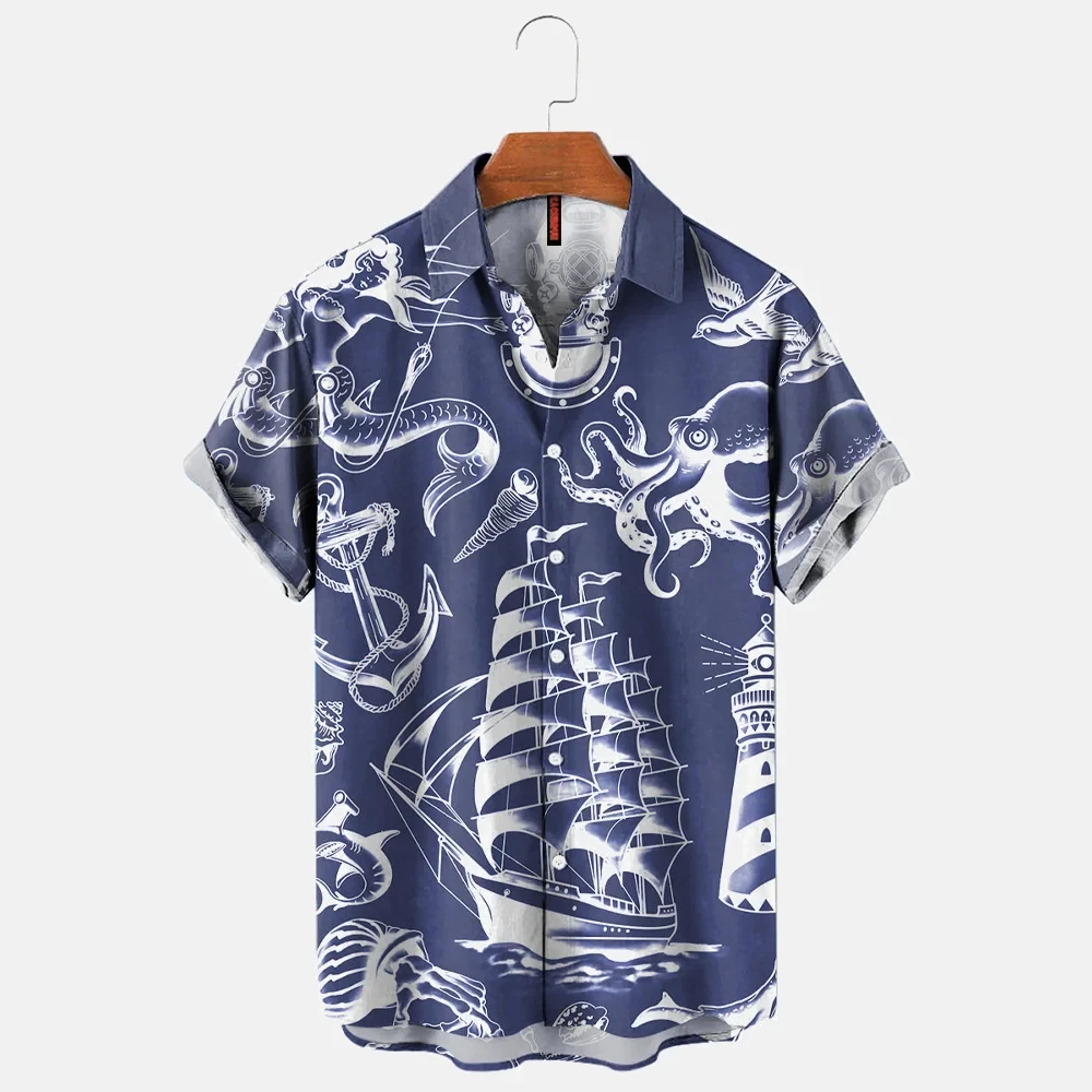 Summer Casual Hawaiian Men\'s Shirt Tattoo Retro Shark Sea Sail Print Short Sleeve Shirt Retro Street Men\'s Lapel Button Shirt