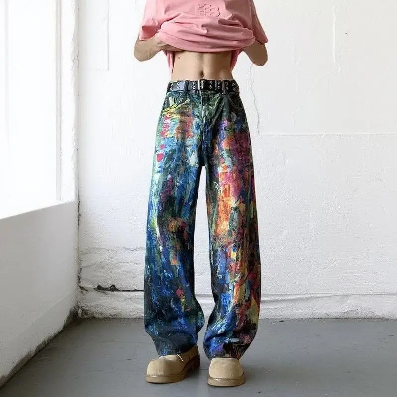 Fashion Autumn Loose Wide Leg Denim Pants Men's Casual Print Design Trendy Graffiti Loose Trousers Individuality Vintage Jeans
