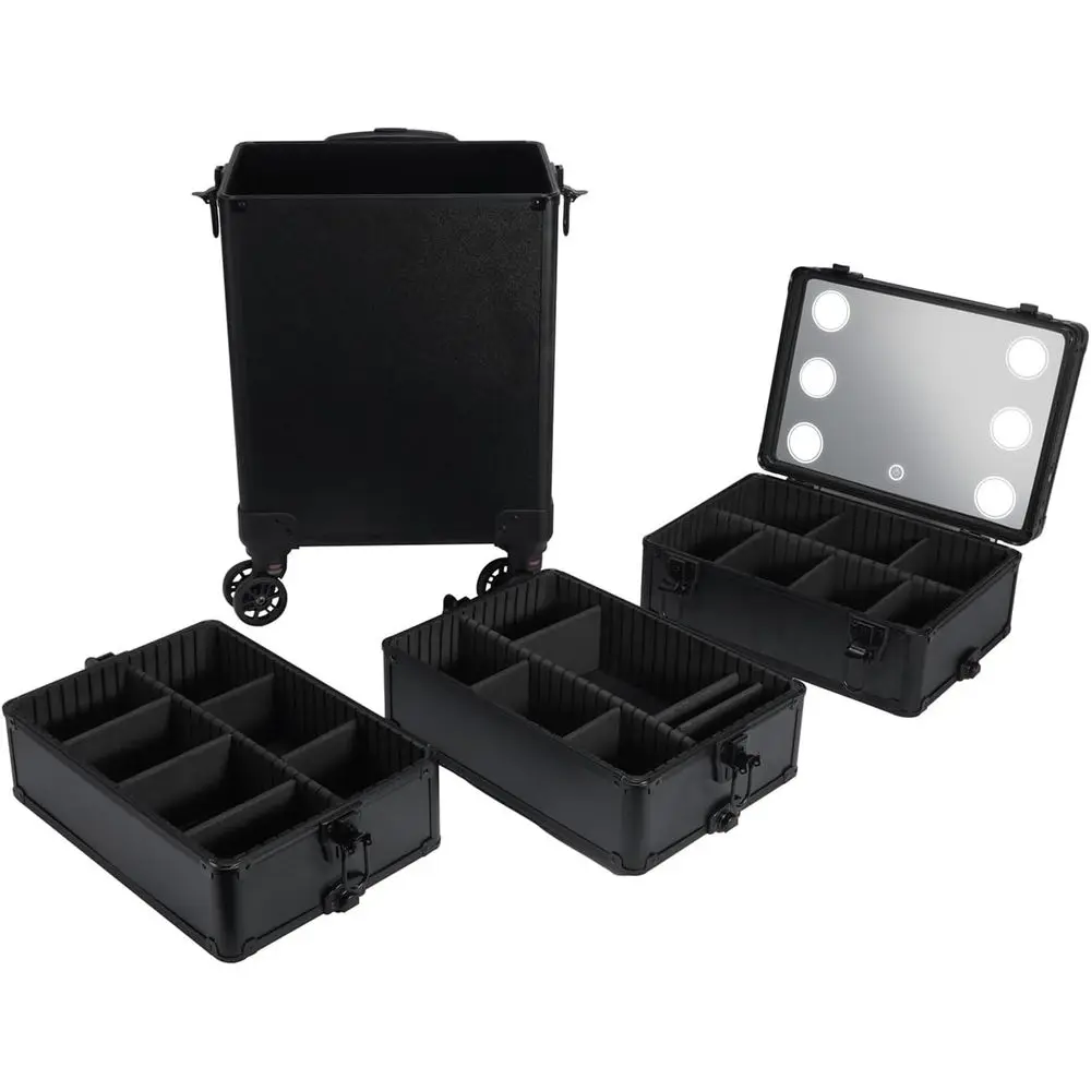 حقيبة تدريب مكياج 4 في 1 مع مرآة LED بثلاثة ألوان، منظم عربة دوارة لمحترفين التجميل، أسود