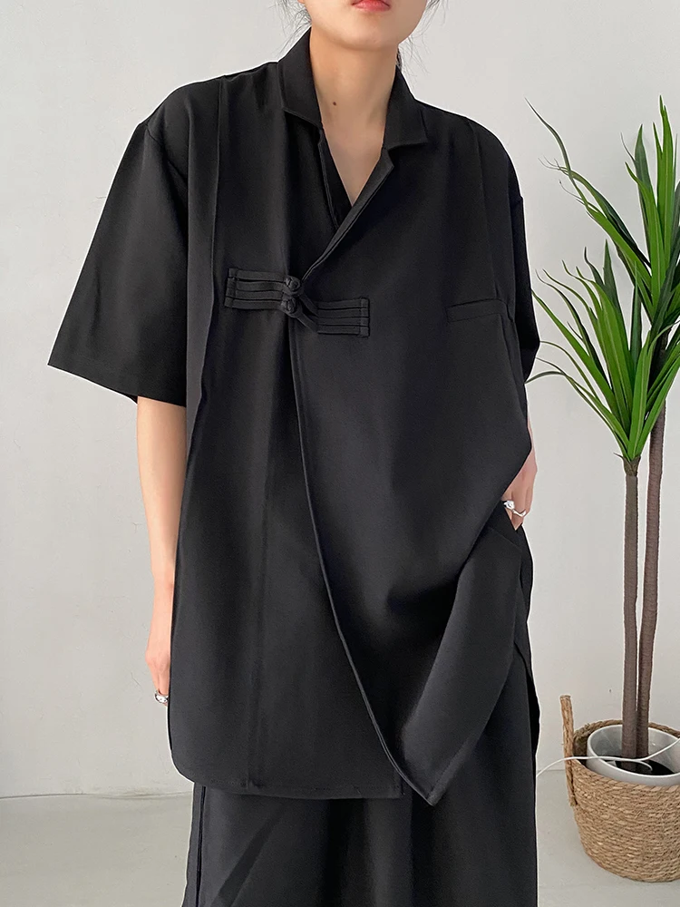 

Свободная драпированная рубашка с коротким рукавом, асимметричным воротником и китайскими пуговицами, унисекс, в темном стиле Mountainamoto, без принтов, размер S