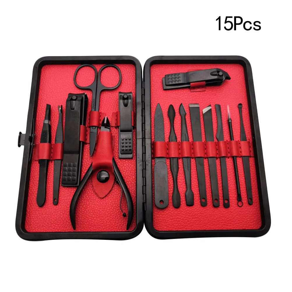 15개 스테인리스 스틸 매니큐어 페디큐어 세트 전문가용 네일 케어 그루밍 키트 여행용 선물 내구성 도구 녹 방지