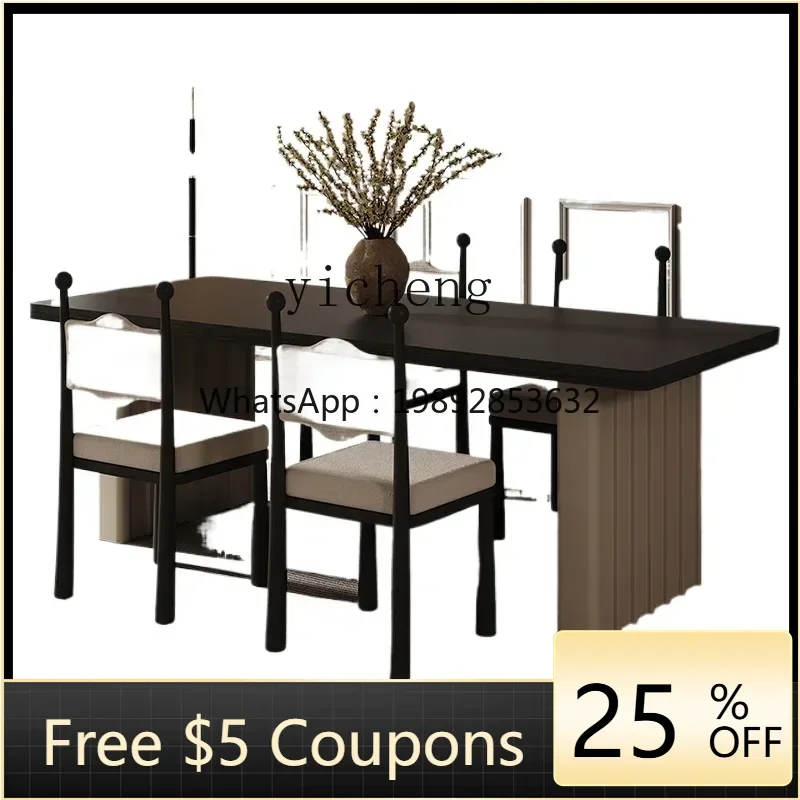 

DF dining table rectangular living room wood grain rock slab household small apartment dining table and chair combination