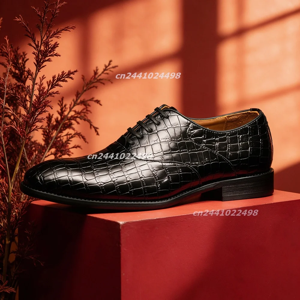 Glossy Crocodile Embossed Faux Leather Men's Dress Shoes, Black Shiny Lace Up Pointed Toe Formal Gentleman Fashion Footwear