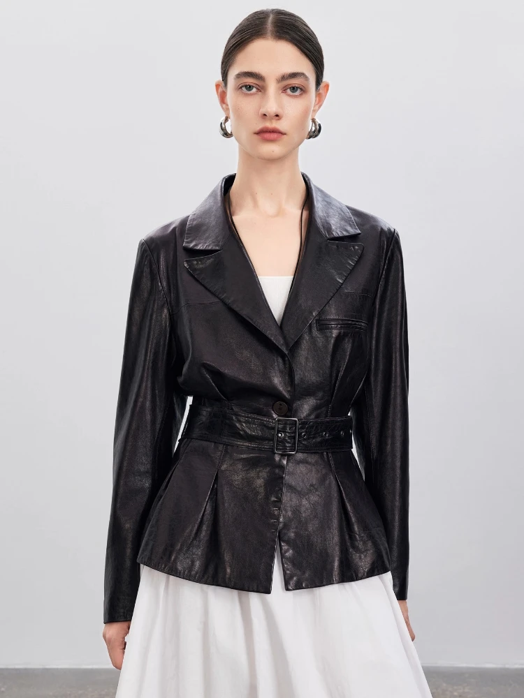 

Casual Genuine Leather Blazer Jackets Women Spring Autumn High-end Simple Slim Short Soft Oil Wax Real Sheepskin Coat with Belt