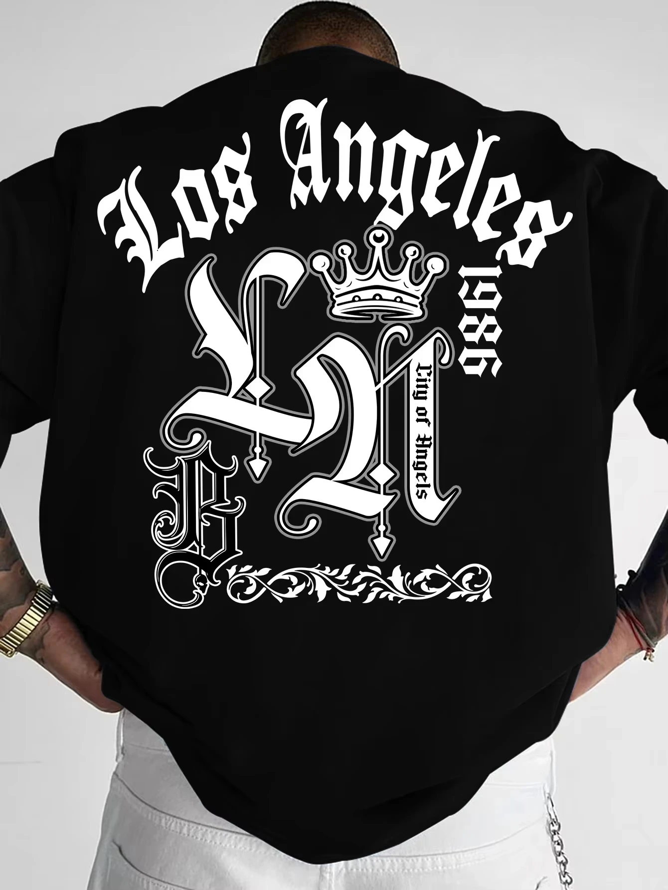 2026 Men's Oversized T Shirt Gothic Script Los Angeles Crown Graphic Print Short Sleeve Cotton Unisex Tee