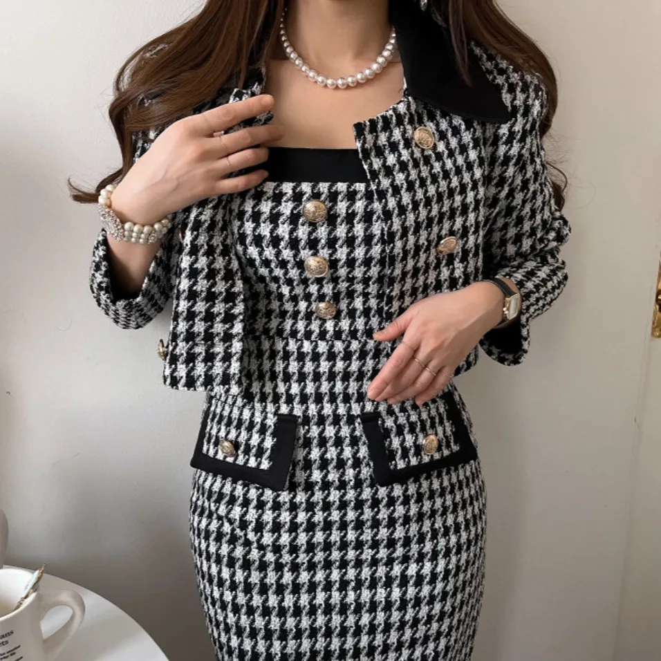 Chic automne Vintage ort sur mesure manteau et jupe ensemble femmes Plaid coupe ajustée Dr tenue coréenne Sle printemps automne hiver