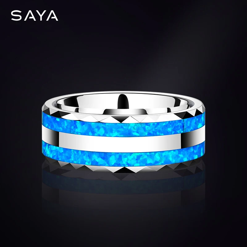 Tungsten Rings for Men Women Wedding Inlay Two Pcs Blue Opal 8mm Width Personalized Jewelry, Engraving