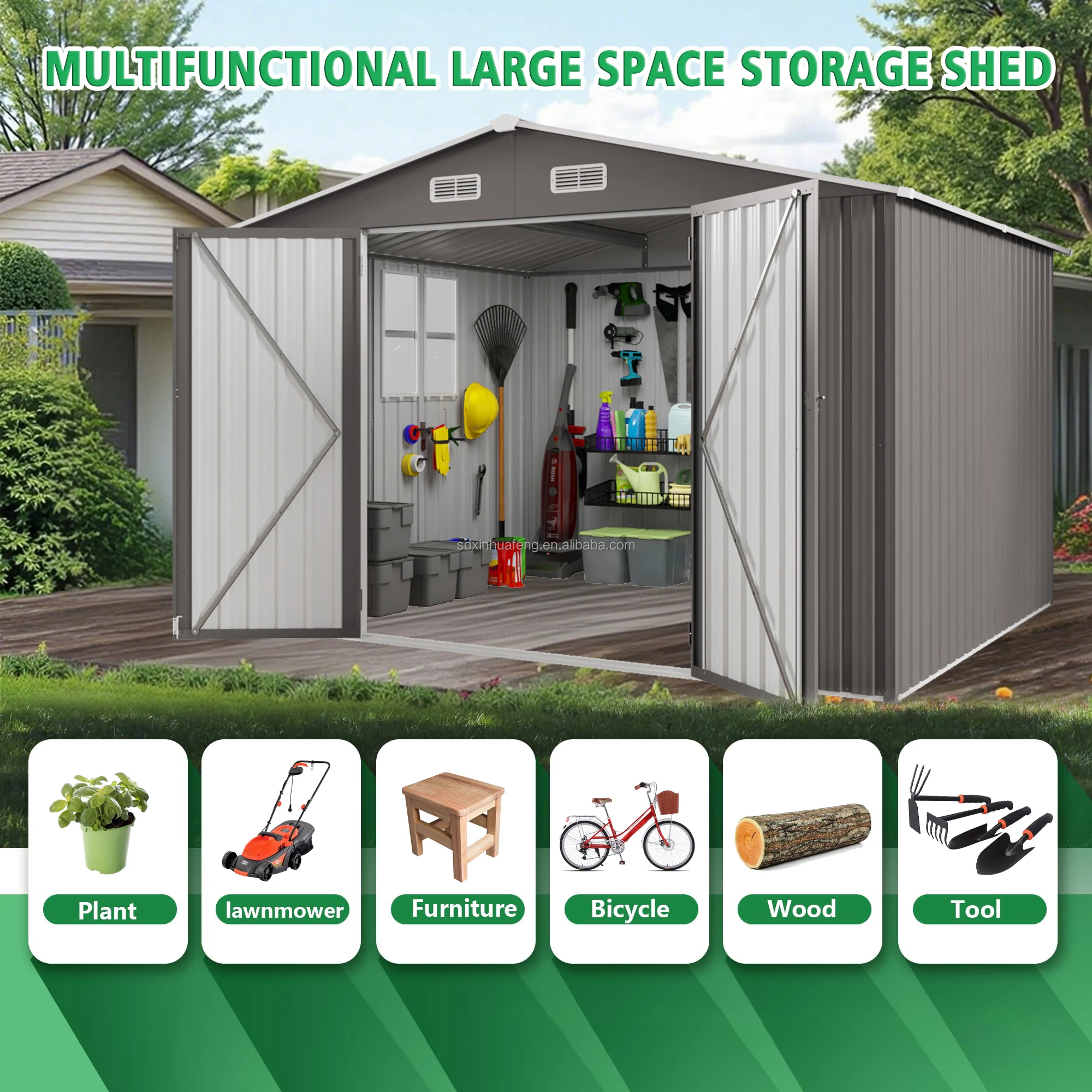 10x12 FT Outdoor Storage Shed, Metal Garden Tool Shed With Lockable Doors, Ideal For Backyard Garden Patio Lawn, Grey