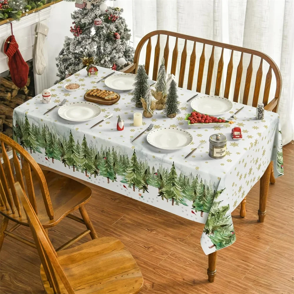 Christmas Trees Golden Snow Waterproof Tablecloth Winter Xmas Party Decor Reusable Wedding Table Decor Navidad Decorations 2025