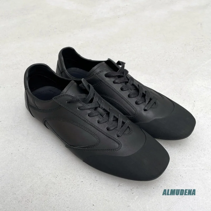 Round Toe Genuine Leather Men's Low-Top Sneakers Black Lace-Up Casual Streetwear Minimalist Urban Daily Outdoor Shoes
