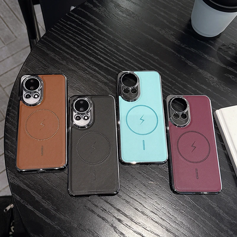 حافظة لهاتف هواوي نوفا 13 12 12 برو 12 فائقة المطلية بالكهرباء مصنوعة من الجلد وشحن لاسلكي مغناطيسي مقاوم للصدمات