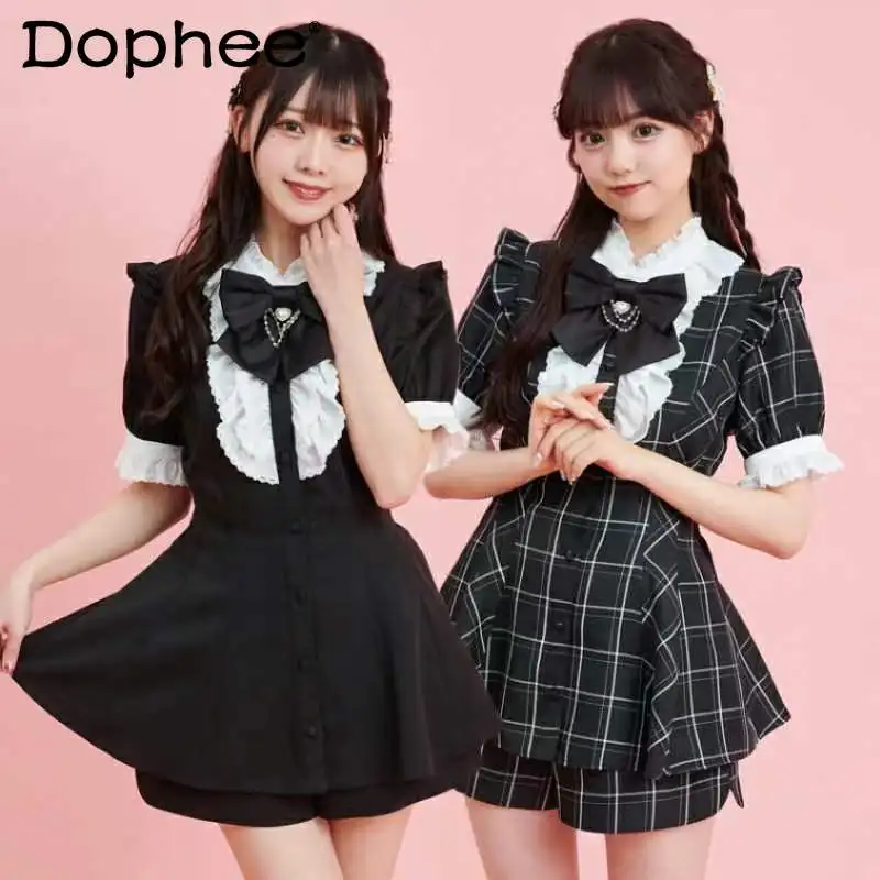 Japanese Lolita SC Suit 2024 Summer New Nipped Waist High Slimming Puff Sleeve Shirt and Shorts 2-Piece Sets Women's Clothing