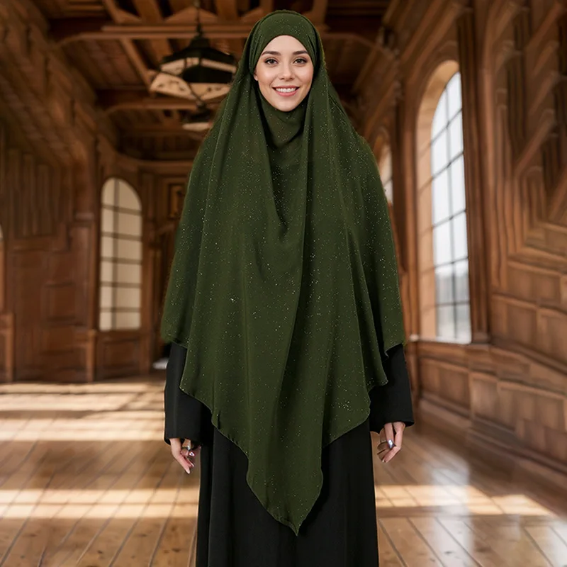 2025 Shimmer Eid Djellaba Vrouwen Moslim Gebed Kledingstuk Hijab Composiet Zijde Chiffon Chador Effen Overhead 2 Lagen Dame Khimar