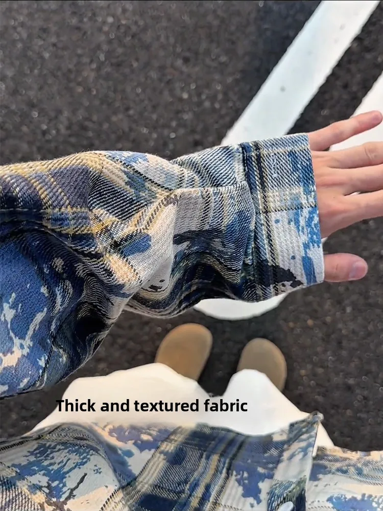 

Синяя клетчатая удлиненная мужская куртка в стиле ретро с эффектом тай-дай, весна-осень, свободный крой, повседневная, молодежный тренд