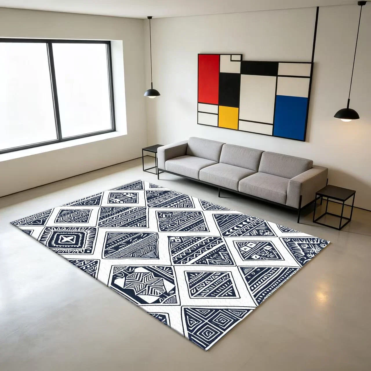 Navy Blue Tribal Diamond Geometric Pattern Rug Bohemian Style Carpet Non-Slip Floor Mat Suitable for Home Bedroom