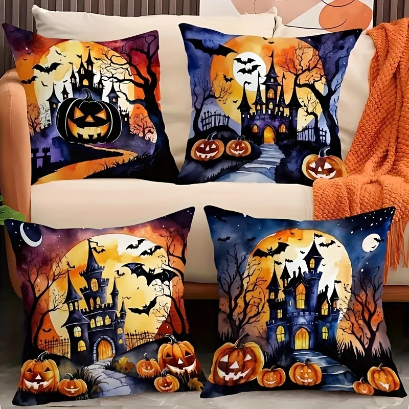 4 Pack Halloween Pumpkin Castle Print Throw Pillow Covers Set Spooky Autumn Ghost Decor Cushion Case Home Decoration