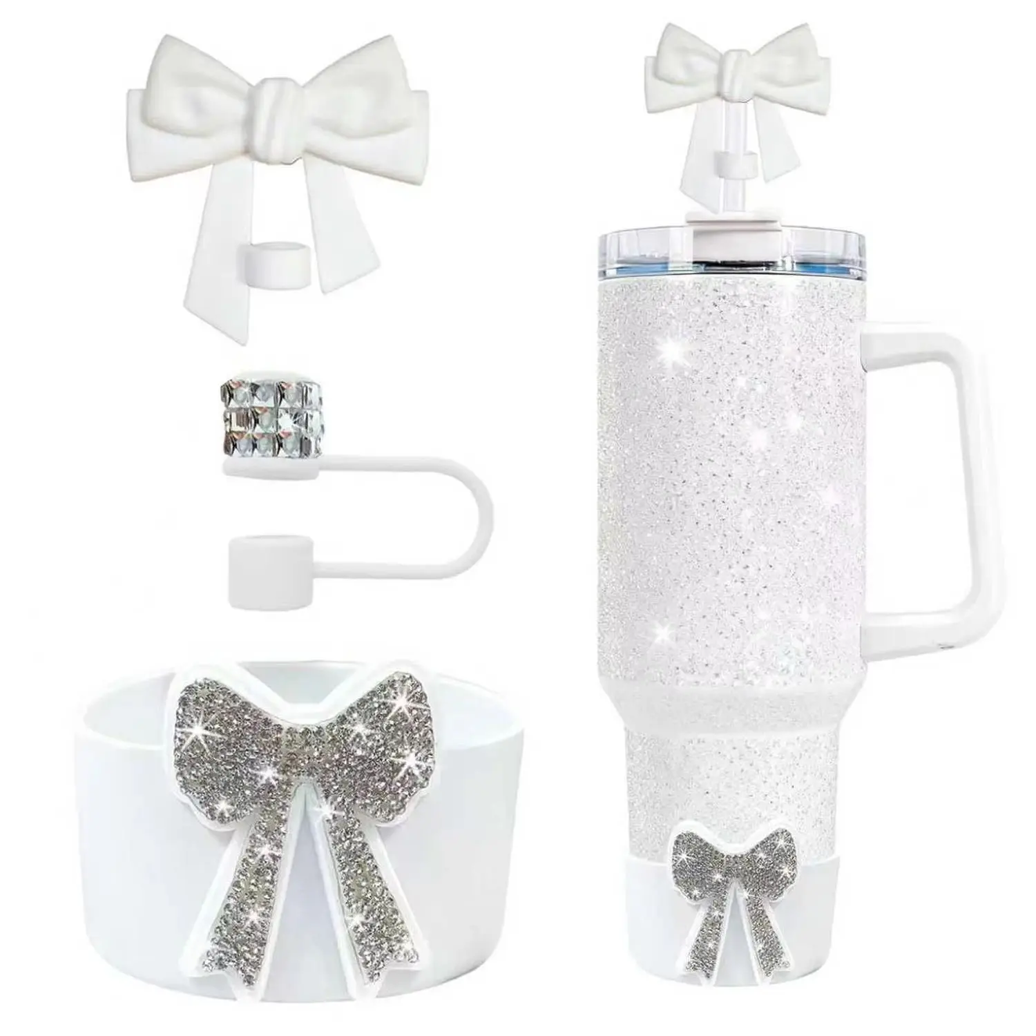 Rhinestone Bow Straw Topper Silicone Protective Cover Cup Sleeve for Stanley Tumbler Sparkling Drinkware Accessory