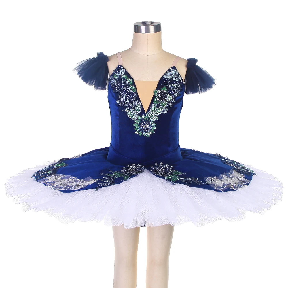 BLL200 Dark Blue Professional Classical Ballet Dance Tutu with Nude V Neck Performance Costume Solo Pancake Tutu Ballerina Dress