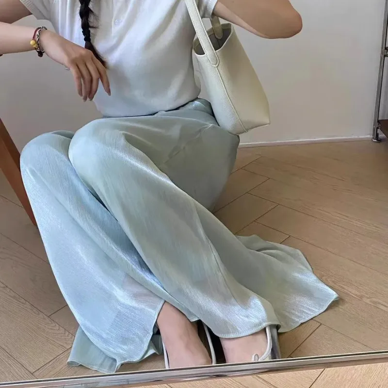 

Women's Glitter Sheer Wide Leg Pants High Waist Draped Flowy Palazzo Pants Elegant Solid Color Casual Trousers For Summer