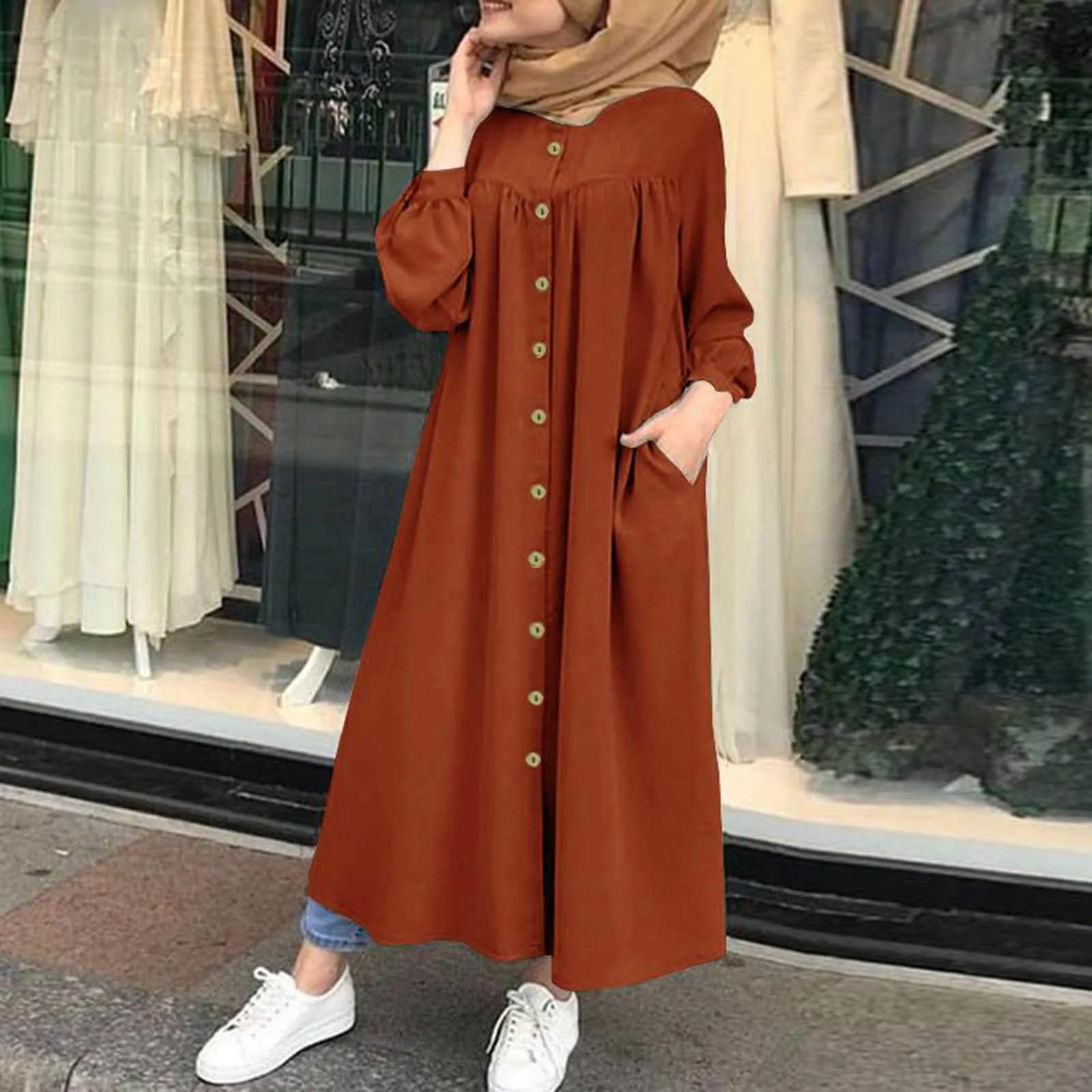 

Ramadam Abayas Dress For Women Loose Round Neck Pockets Dress Morocco Robe Solid Color Puff Sleeve Pockets Clothing Kaftan