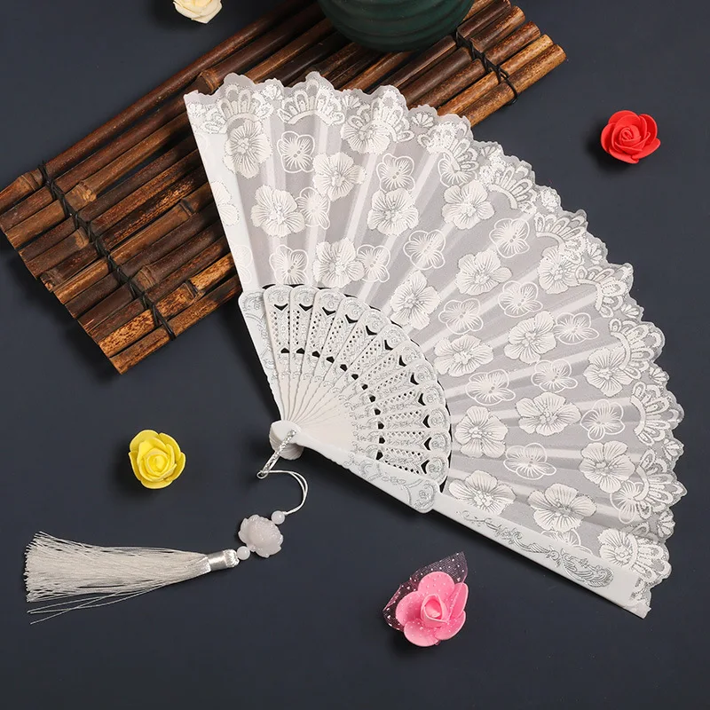 Cherry Blossom Folding Hand Fan with Tassels Retro Silk Handheld Fans Lace Fan Wedding Dancing Party Favor Gifts Home Decoration