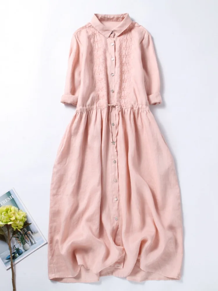 Autumn Woman Simple Classic A-Line Embroidery Solid Color Dresses Loose Casual Half Sleeve Turn-Down Collar Neck Dress