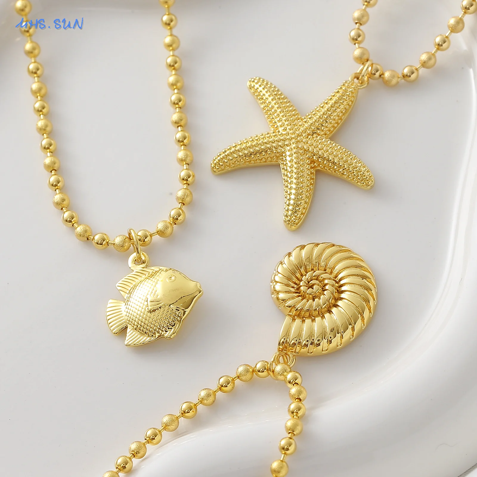 MHS.SUN الكلاسيكية نجم البحر/محارة/الأسماك قلادة القلائد بسيطة مطلية بالذهب مطرز سلسلة مجوهرات هدايا الصيف للرجال النساء