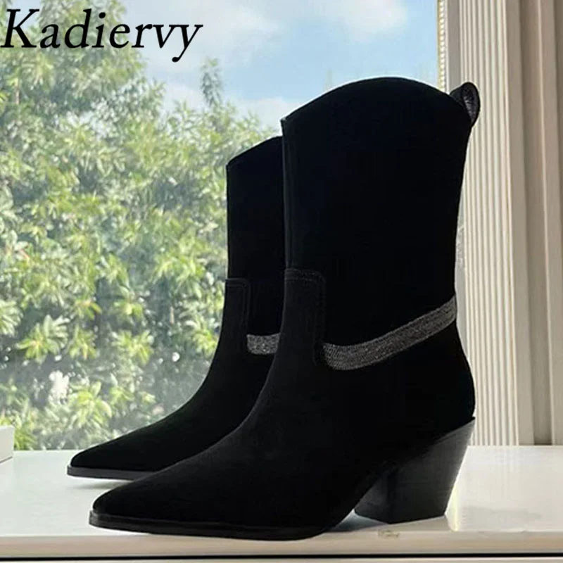 

Cow Suede Western Cowboy Boots Woman Square Heels Mid Calf Boots Wool Warm Shoes Woman String Bead Winter Boots For Women