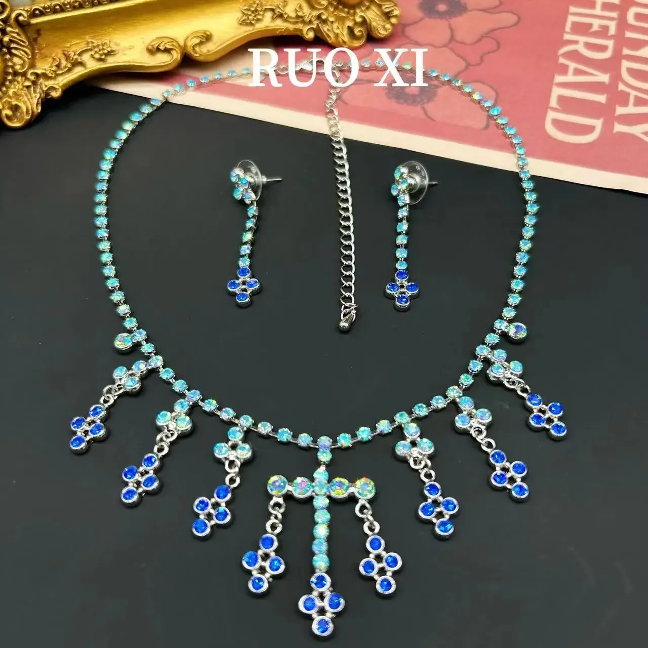 Jewelry Decoration Women Earrings Diamond Luxury Tassel Flower Cross Necklace Earring Set Wedding Treasure Vintage Medieval