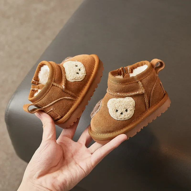 Toddler Kids Bear Patch Winter Ankle Boots Thick Fleece Lined Warm Side Zip Non‑slip Soft Sole Boots For Cold Daily Wear