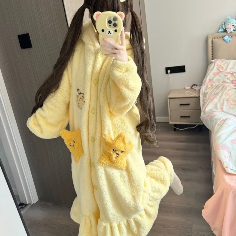 Kawaii Chiikawa Usagi Coral Velvet Robes Women's Winter Thickened Pajamas and Pajama Pants Set Cute Anime Casual Home Wear