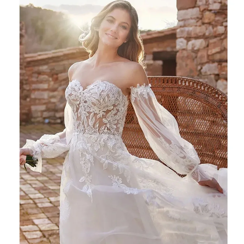 2 Ways to Wear Detachable Sleeves Sweetheart Wedding Gowns Vintage Strapless Lace Appliques Formal Dresses Backless Bridal Gown