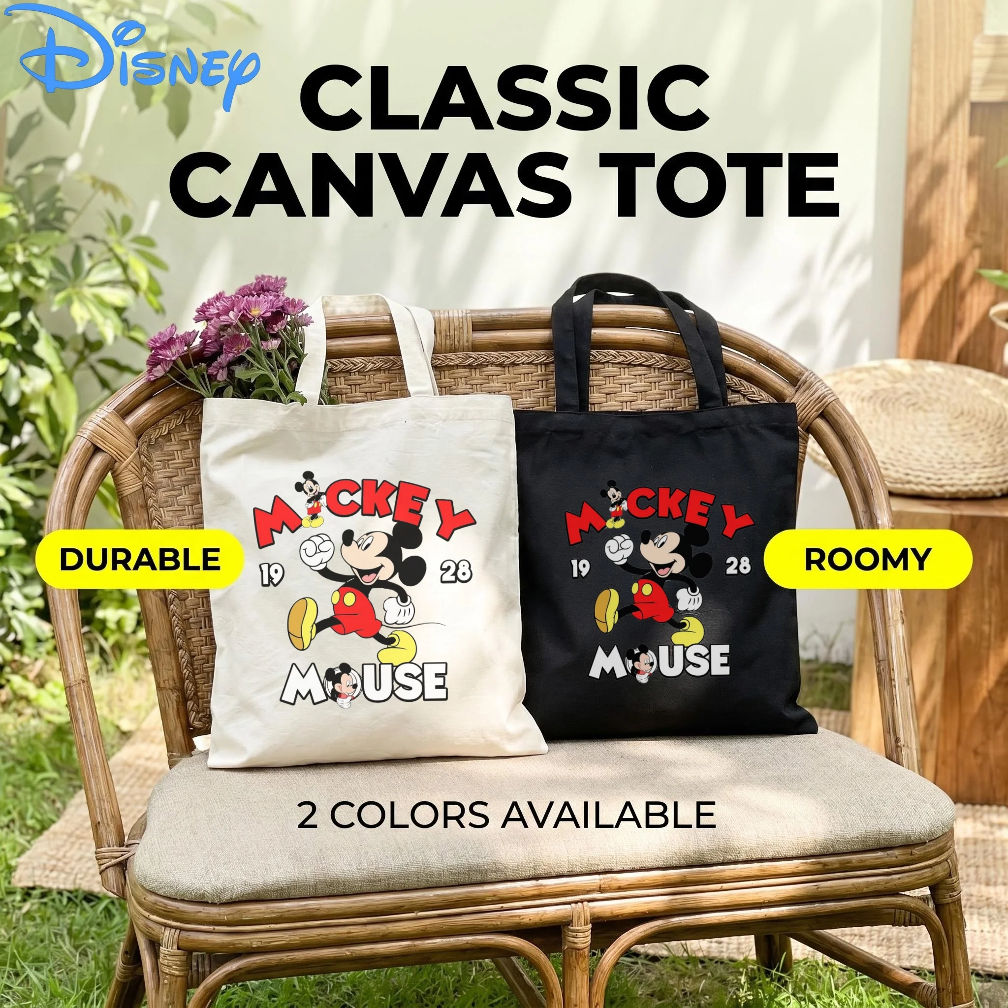 

1PC Disney 1928 Vintage Mickey Mouse Canvas Tote Bag, Classic Letter Logo Print Eco Shoulder Shopping Bag