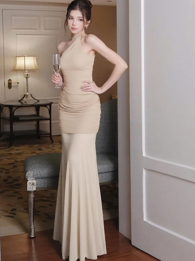 Nibber Backless Mesh Patchwork Lange Jurk Vrouwen Geneigd Schouder Mouwloos Middernacht Prom Party Ruches Elegante Mode Vestidos