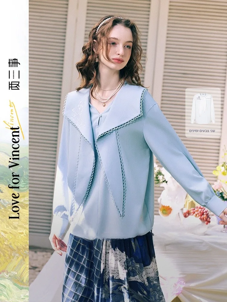 

Casual Embroidered Naval Collar irt Women's Loose Fit Long Sve Polyester Fiber Spring 2026 New Sle Art Commute Series