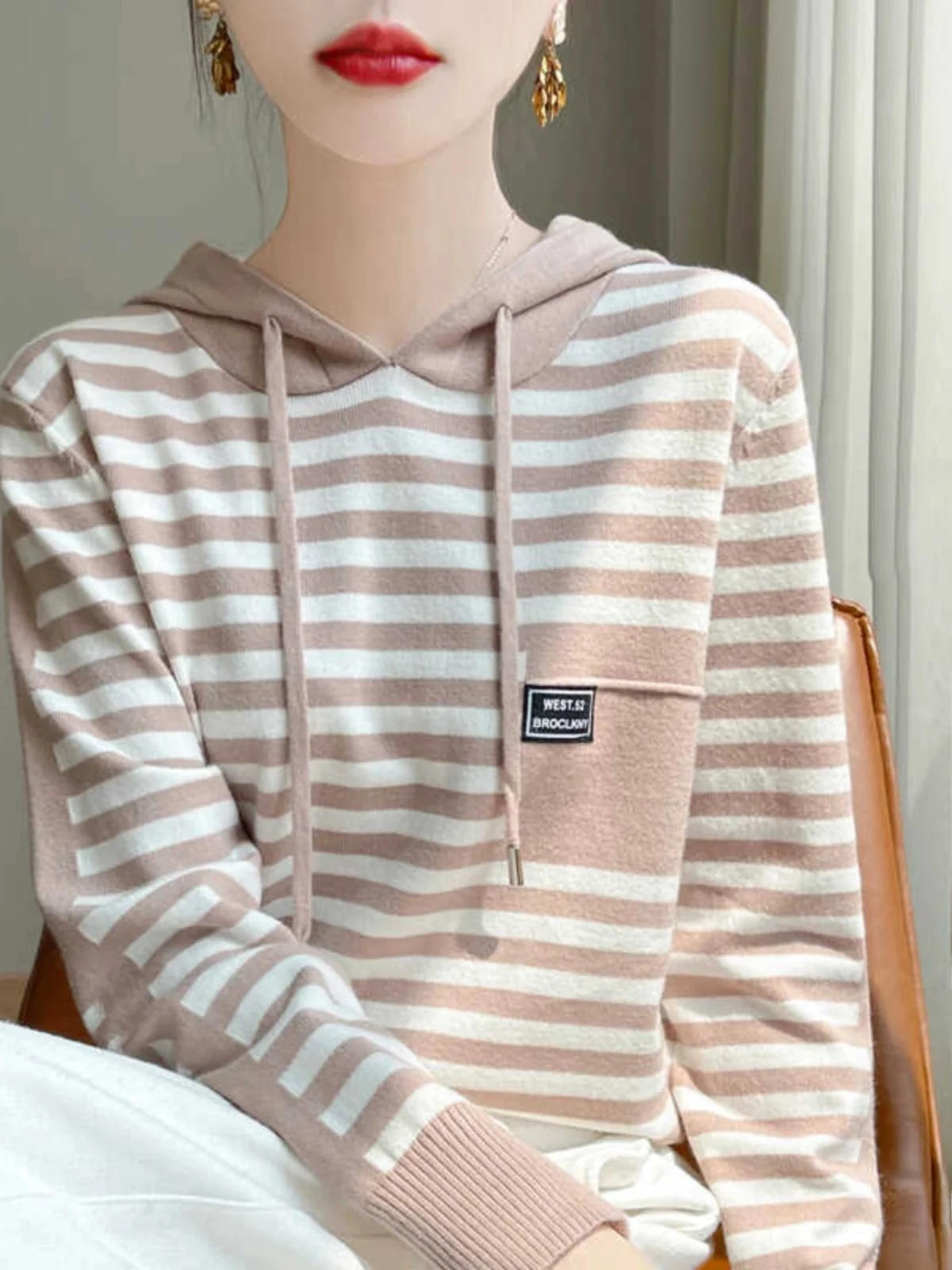 

Свободная толстовка с капюшоном Long Sve, вязаный свитер, осень-зима, новый полосатый свитер с капюшоном, верхняя одежда, модная повседневная одежда...