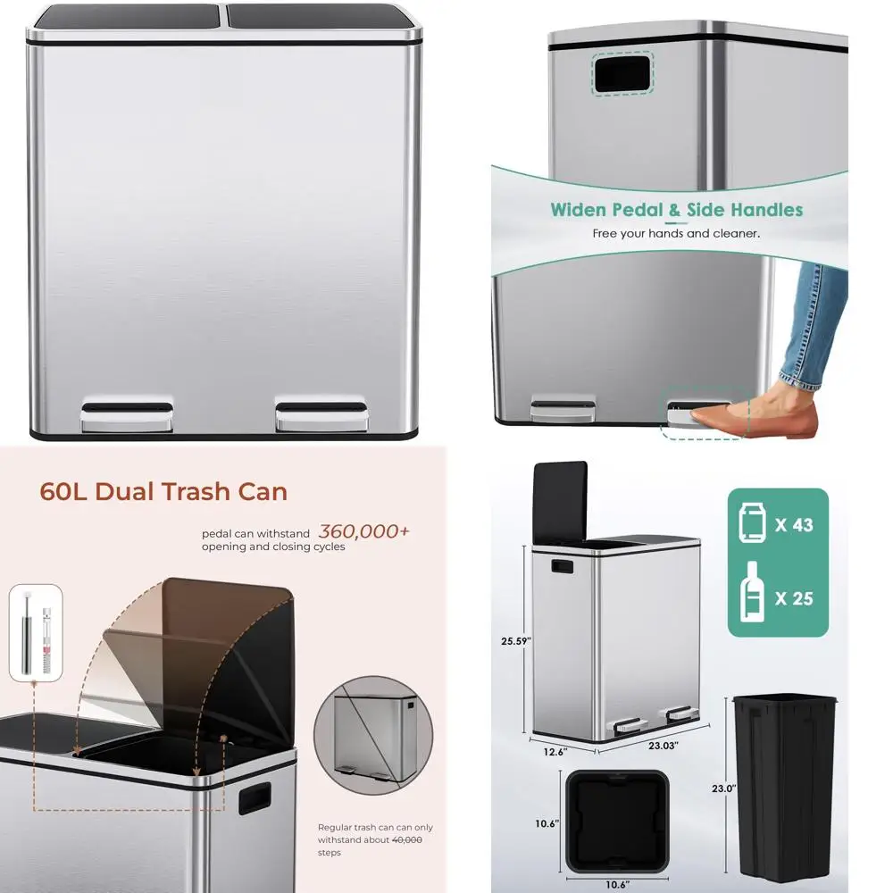 

Stainless Steel Dual Compartment Trash Can with Soft-Close Lid and Plastic Inner Buckets for Kitchen Recycling