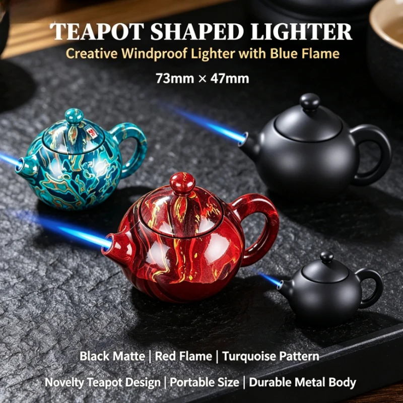 New Novelty Kettle-Shaped Torch Lighter, Rotating Decompression Windproof Jet, Refillable Butane Unique Gift for Smokers