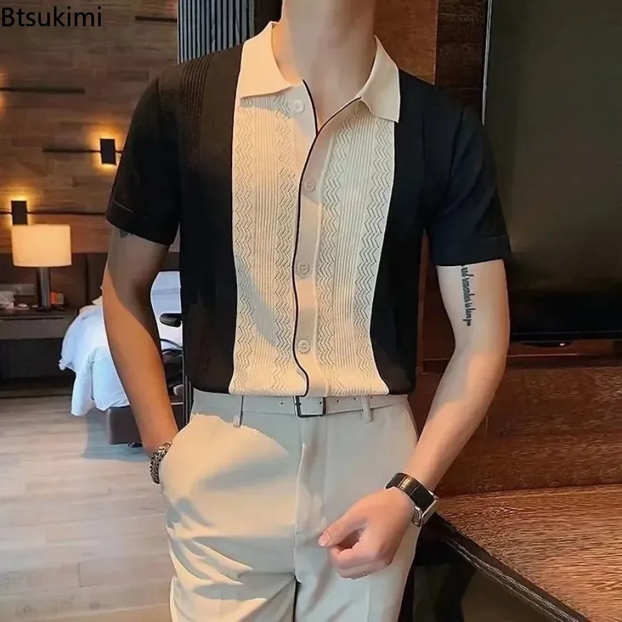 2026 Men's Summer Clothing Casual Short Sleeve Premium Patchwork Jacquard Knitted T-shirts Fashion Britain Style Men Polo Shirts