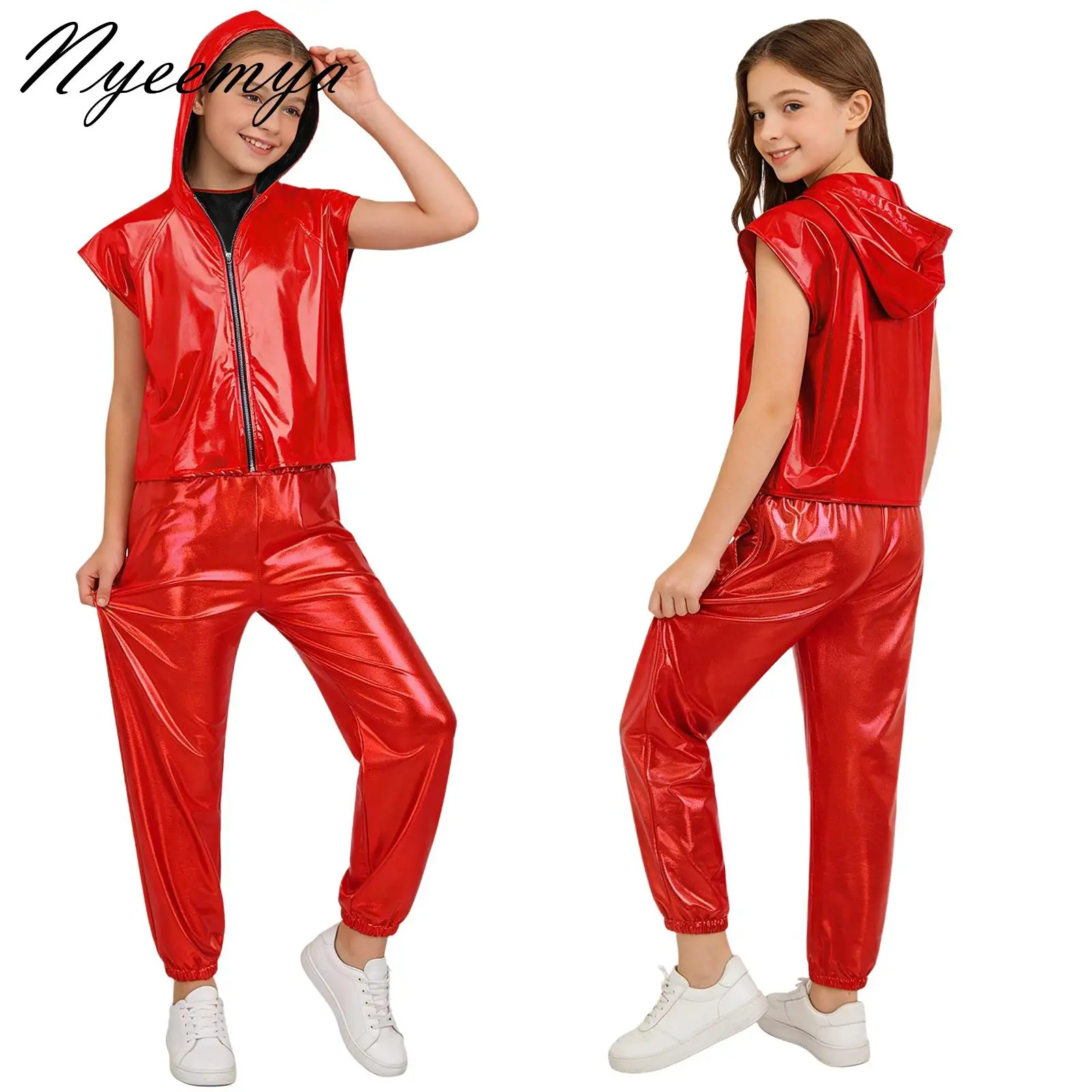 

Kids Girls Hip-Hop Jazz Dance Performance Costume Metallic Hooded Vest with Elastic Waist Shiny Pants Shiny Space Suit Cosplay