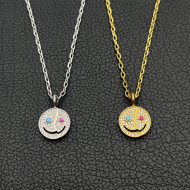 Y2K Hip‑Hop Split Smiley Face Pendant Necklace Full Paved Diamond Splicing Smile Neck Chain Streetwear Luxury Brand Jewelry Gift